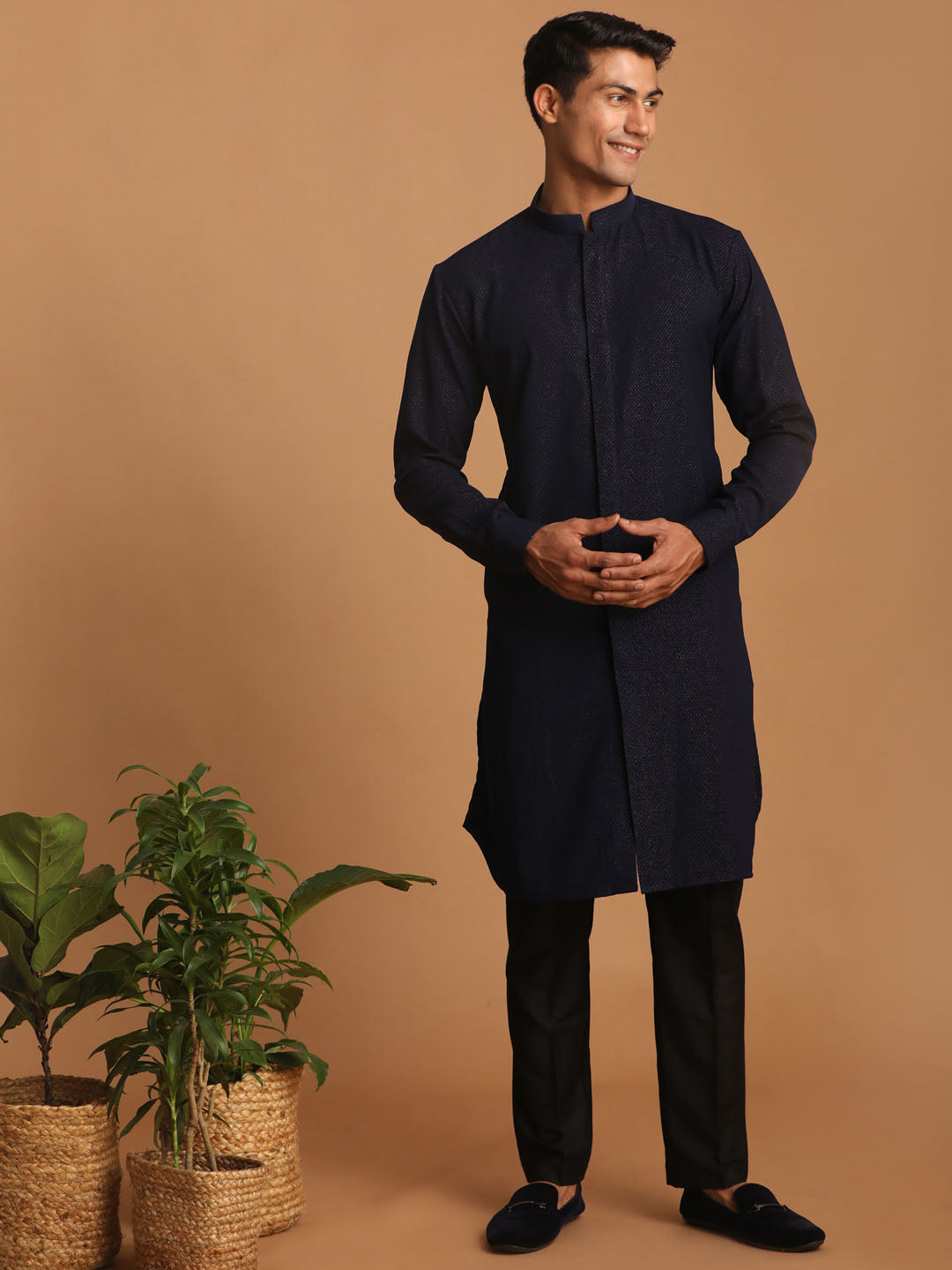 Men's Navy Blue Printed Kurta Pant Set