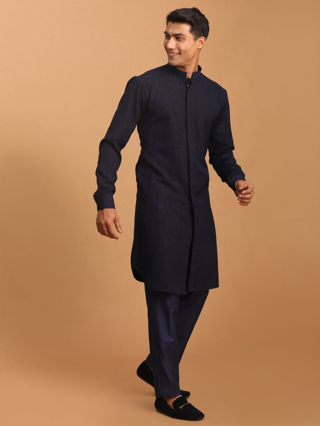 Men's Navy Blue Printed Kurta With Pant Set