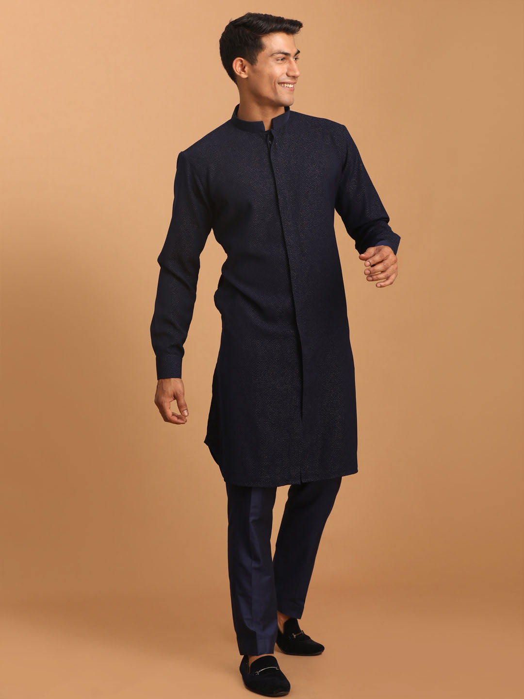 Men's Navy Blue Printed Kurta With Pant Set