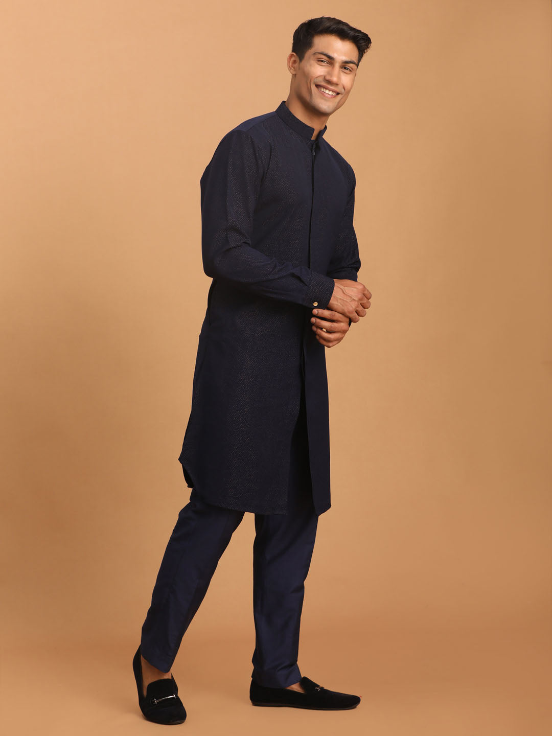 Men's Navy Blue Printed Kurta With Pant Set