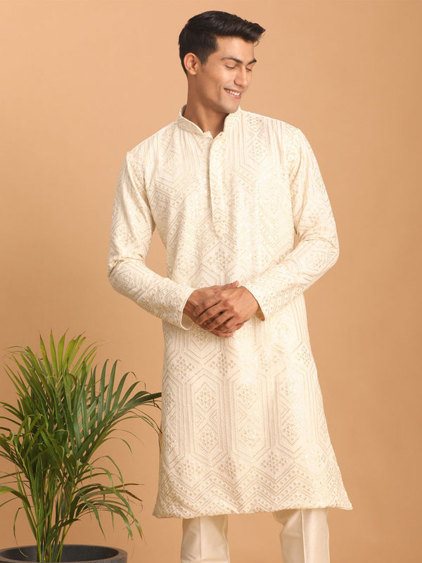 Men's Cream Golden Sequin Embroidered Kurta