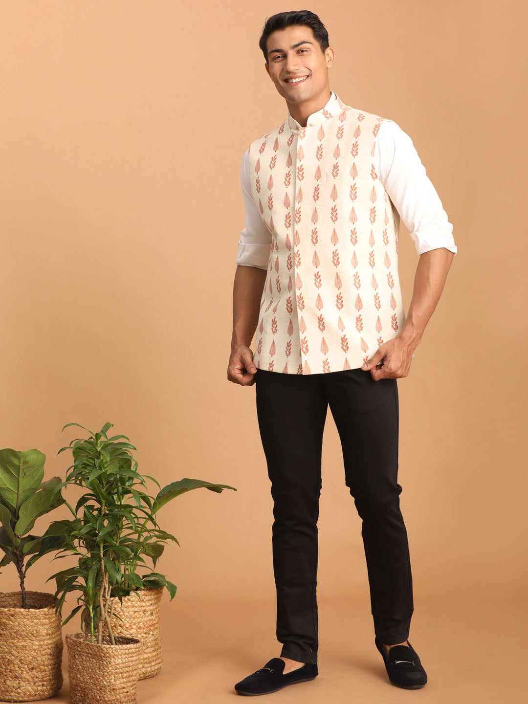 Men's Cream Block Print Cotton Nehru Jacket