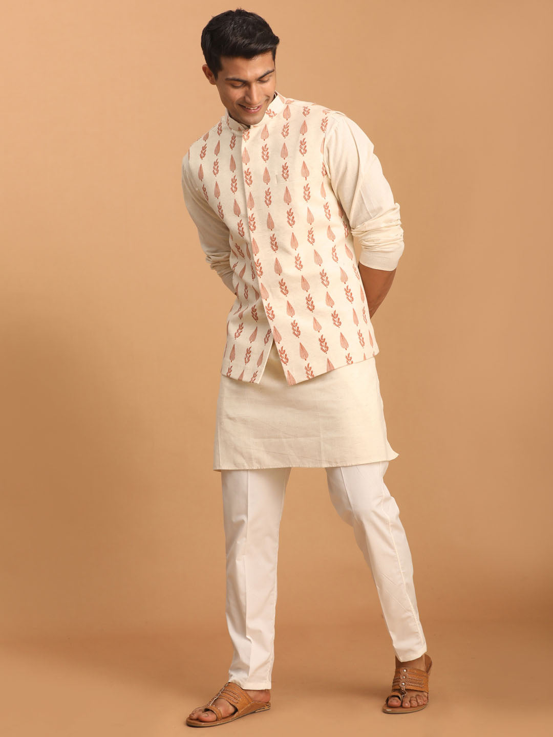 Men's Cream Leaf Printed Pure Cotton Nehru Jacket With Short Kurta And Pant Set