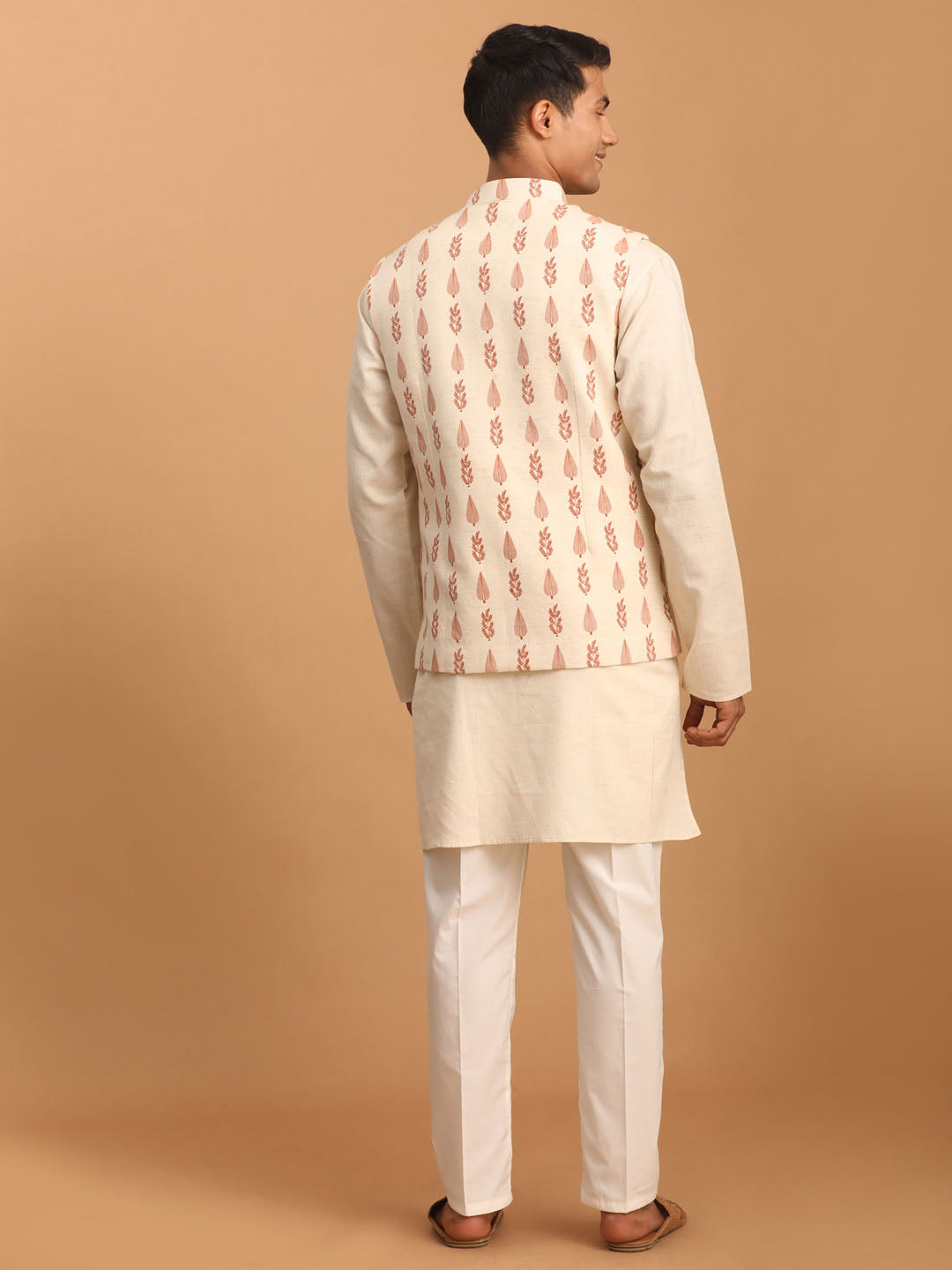 Men's Cream Leaf Printed Pure Cotton Nehru Jacket With Short Kurta And Pant Set