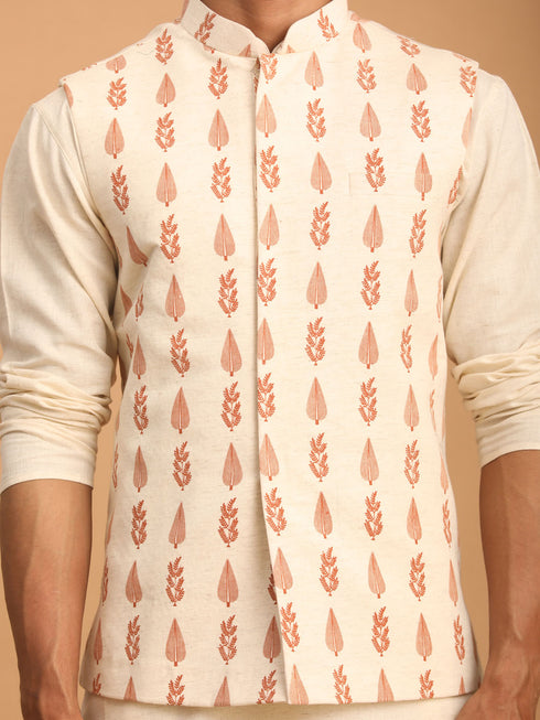 Men's Cream Leaf Printed Pure Cotton Nehru Jacket With Short Kurta And Pant Set