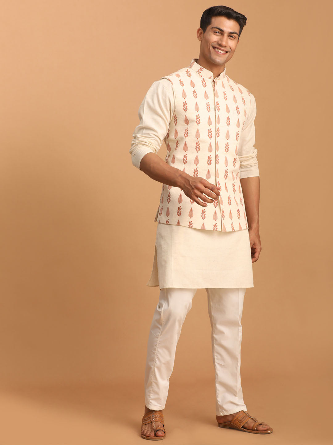 Men's Cream Leaf Printed Pure Cotton Nehru Jacket With Short Kurta And Pant Set