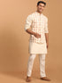 Men's Cream Leaf Printed Pure Cotton Nehru Jacket With Short Kurta And Pant Set