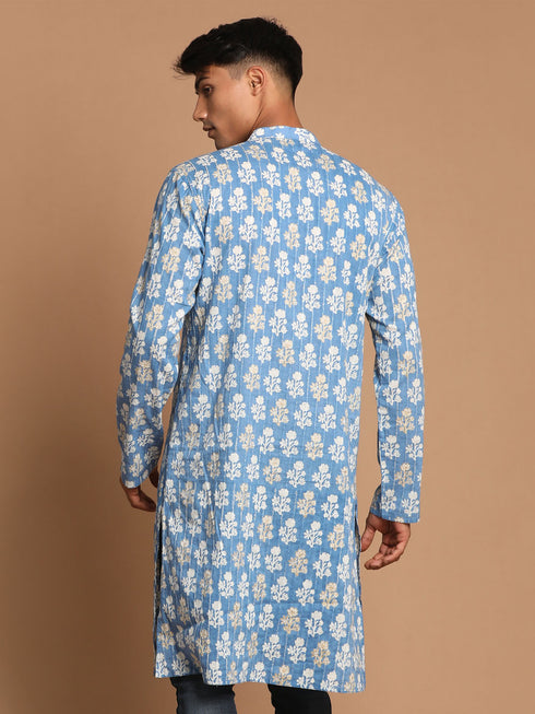 Men's Blue Quirky Printed Thread Work Kurta