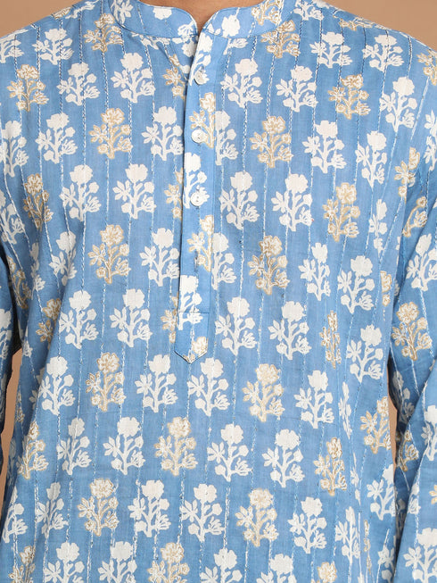 Men's Blue Quirky Printed Thread Work Kurta