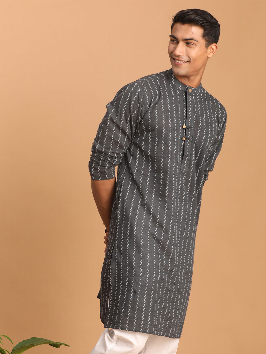 Men's Grey Jacquard Zig Zag Cotton Kurta