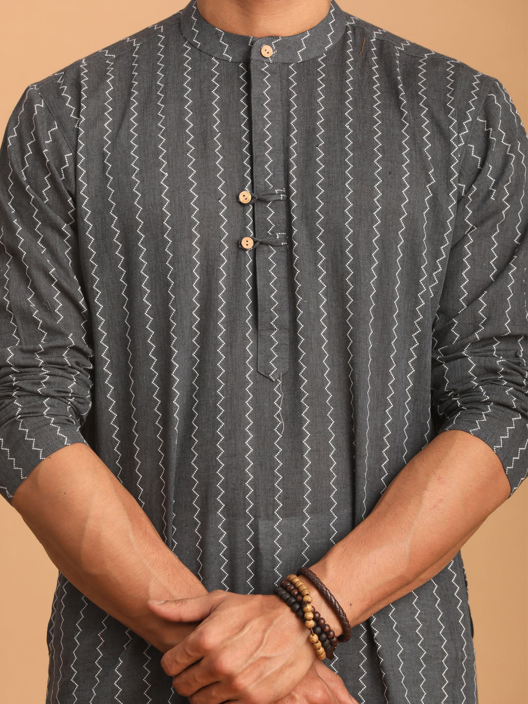 Men's Grey Jacquard Zig Zag Cotton Kurta