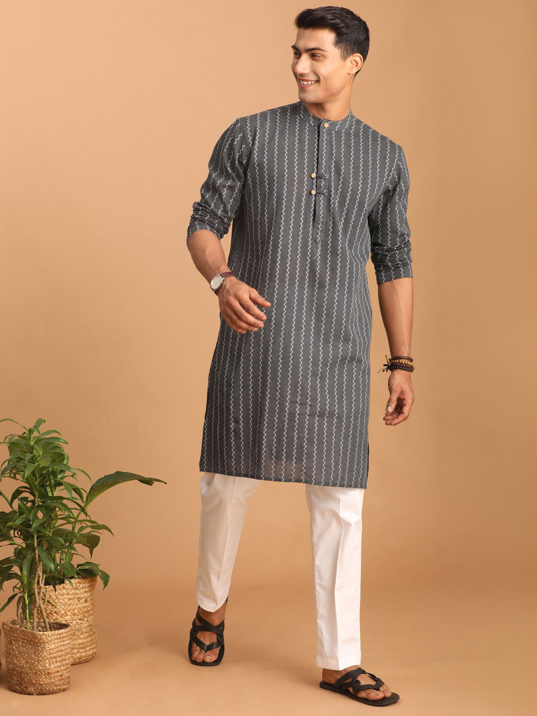 Men's Grey Jacquard Zig Zag Cotton Kurta