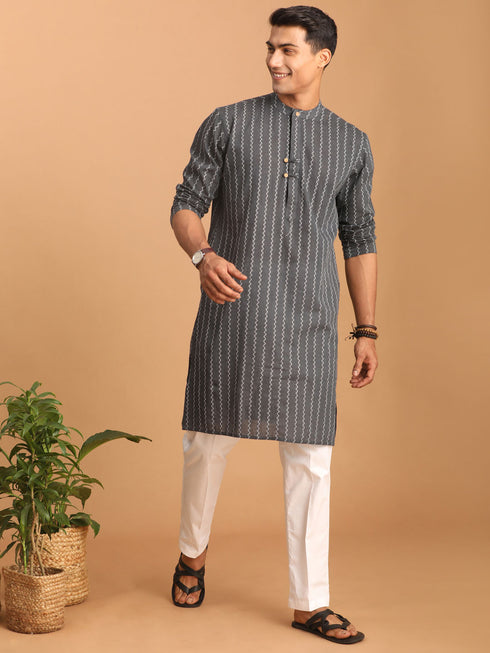 Men's Grey Jacquard Zig Zag Cotton Kurta