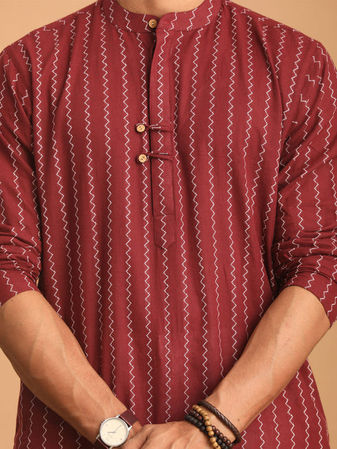 Men's Maroon Jacquard Zig Zag Cotton Kurta