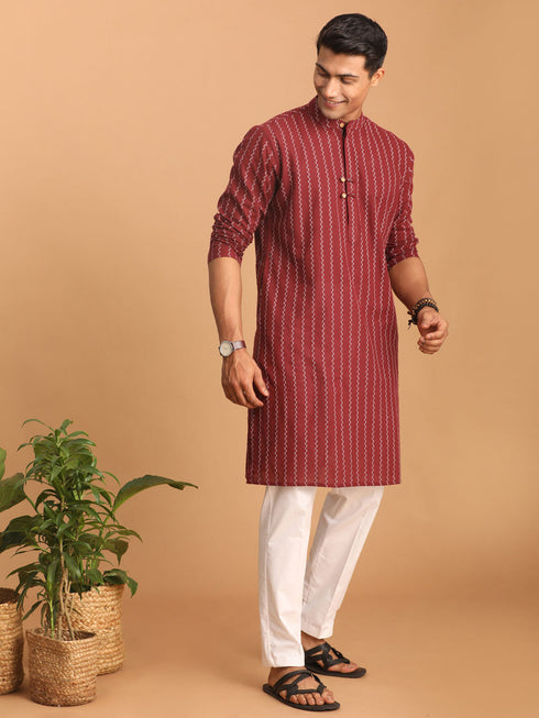Men's Maroon Jacquard Zig Zag Cotton Kurta