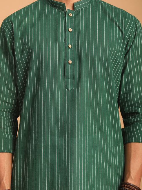 Men's Green Striped Cotton Short Kurta