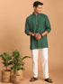 Men's Green Striped Cotton Short Kurta With White Pant