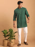 Men's Green Striped Cotton Short Kurta With White Pant