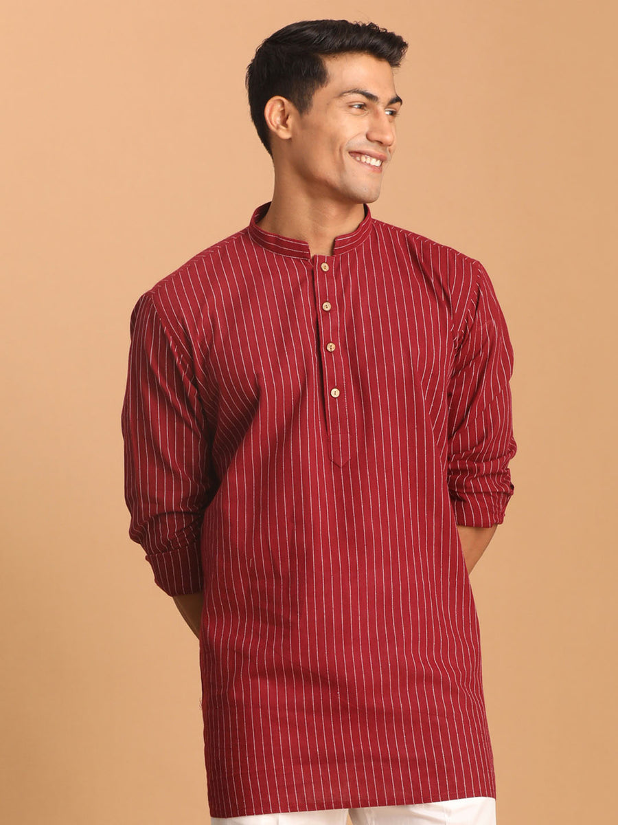 Maroon Pochampally Ikat Weave Cotton Men Short Kurta
