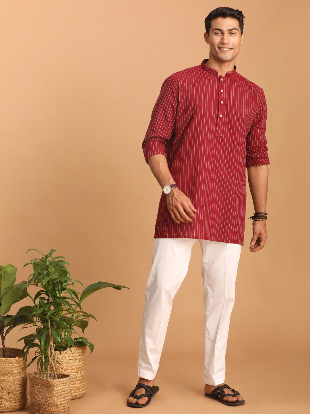 Men's Maroon Striped Cotton Short Kurta With White Pant Set