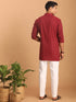 Men's Maroon Striped Cotton Short Kurta With White Pant Set