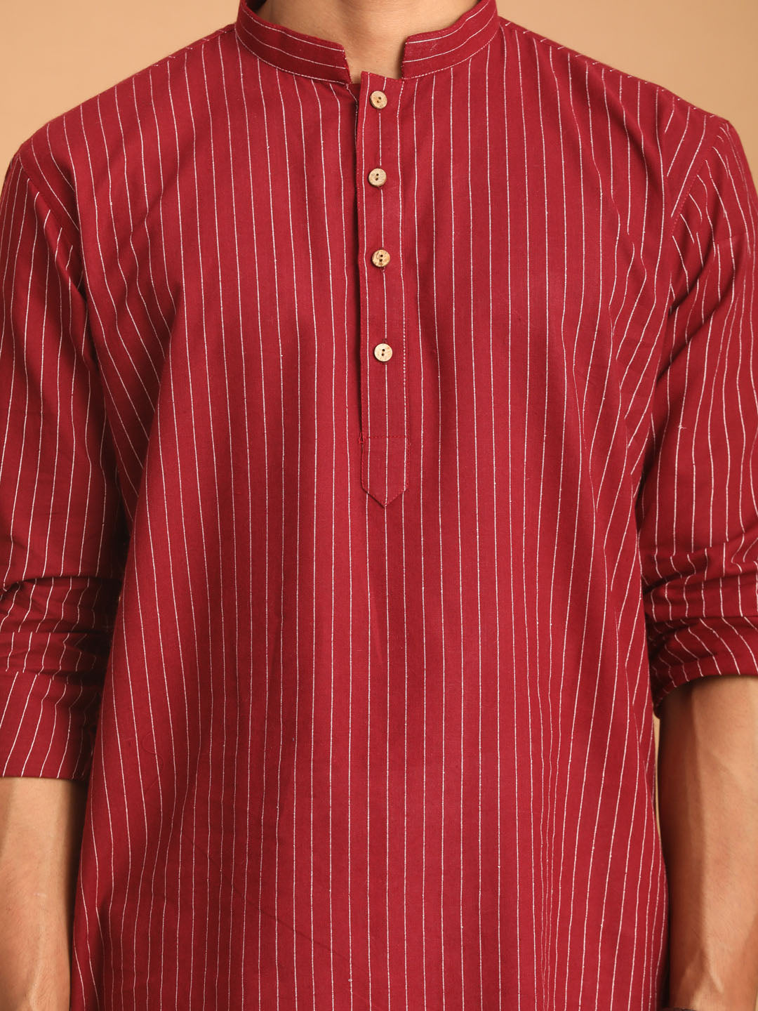 Men's Maroon Striped Cotton Short Kurta With White Pant Set