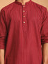 Men's Maroon Striped Cotton Short Kurta With White Pant Set