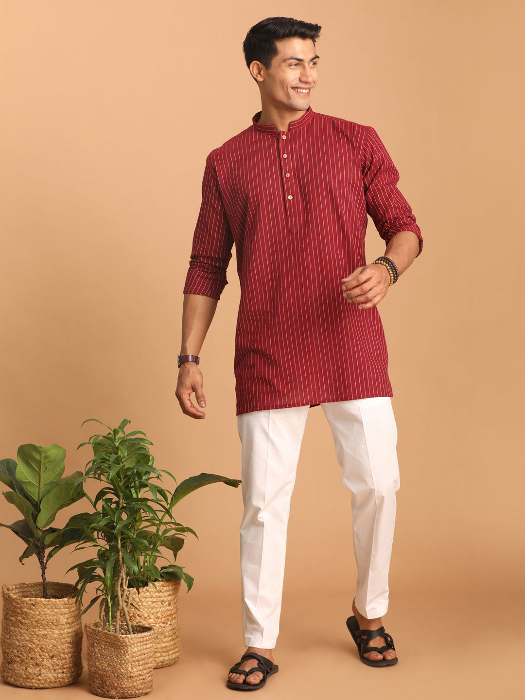 Men's Maroon Striped Cotton Short Kurta With White Pant Set
