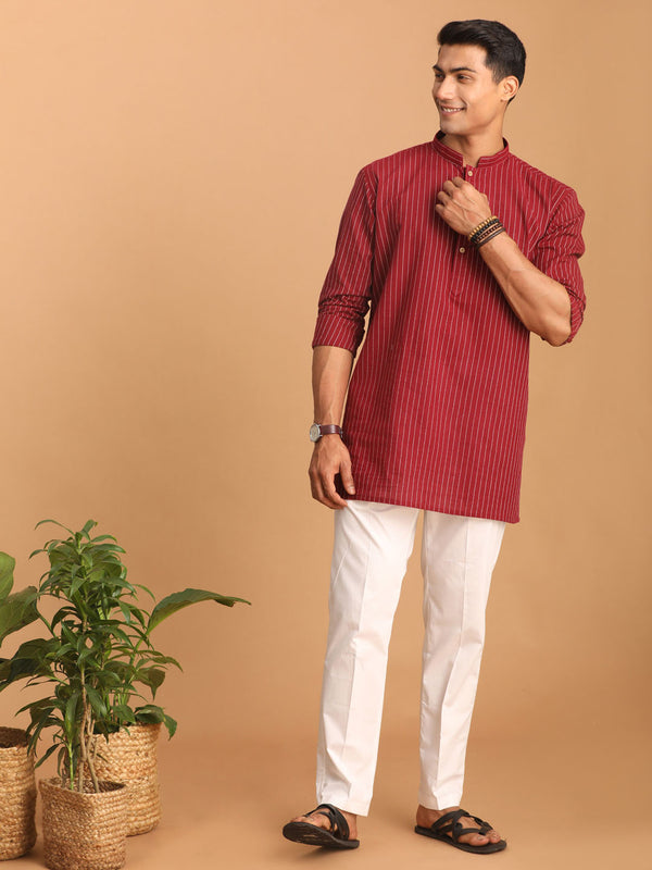 Men's Maroon Striped Cotton Short Kurta With White Pant Set