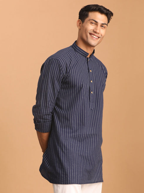Men's Navy Blue Striped Cotton Short Kurta