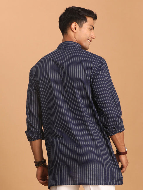 Men's Navy Blue Striped Cotton Short Kurta
