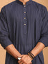 Men's Navy Blue Striped Cotton Short Kurta
