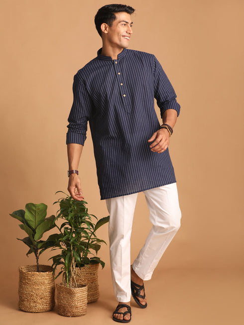 Men's Navy Blue Striped Cotton Short Kurta