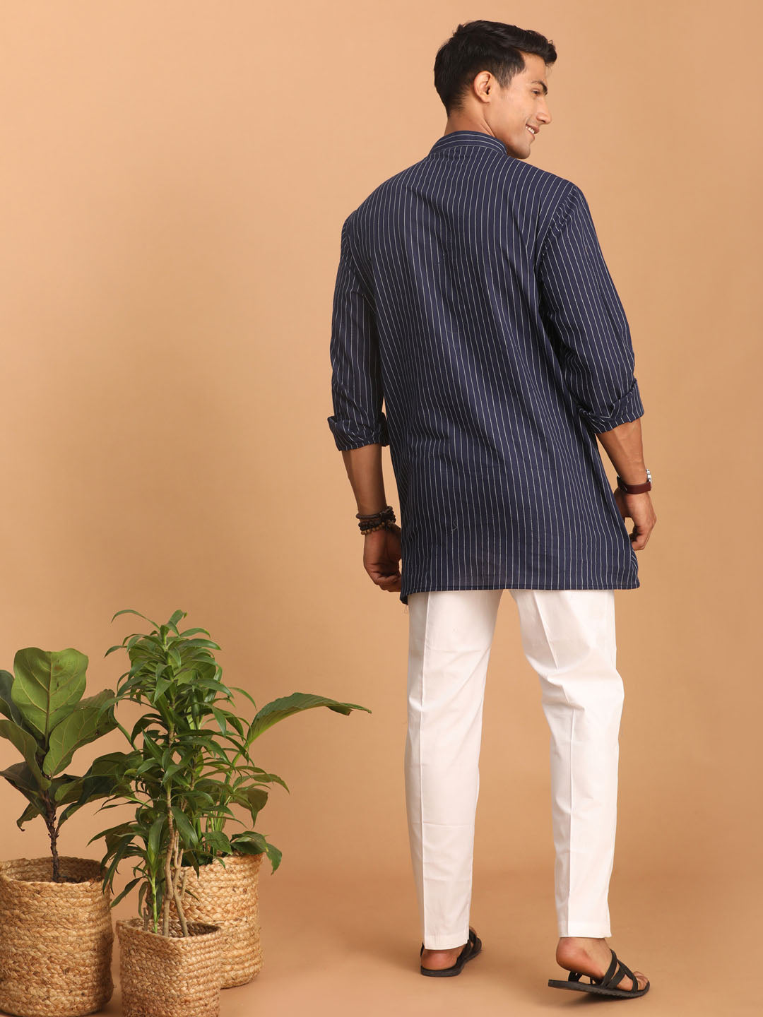 Men's Navy Blue Striped Cotton Short Kurta With White Pant Set