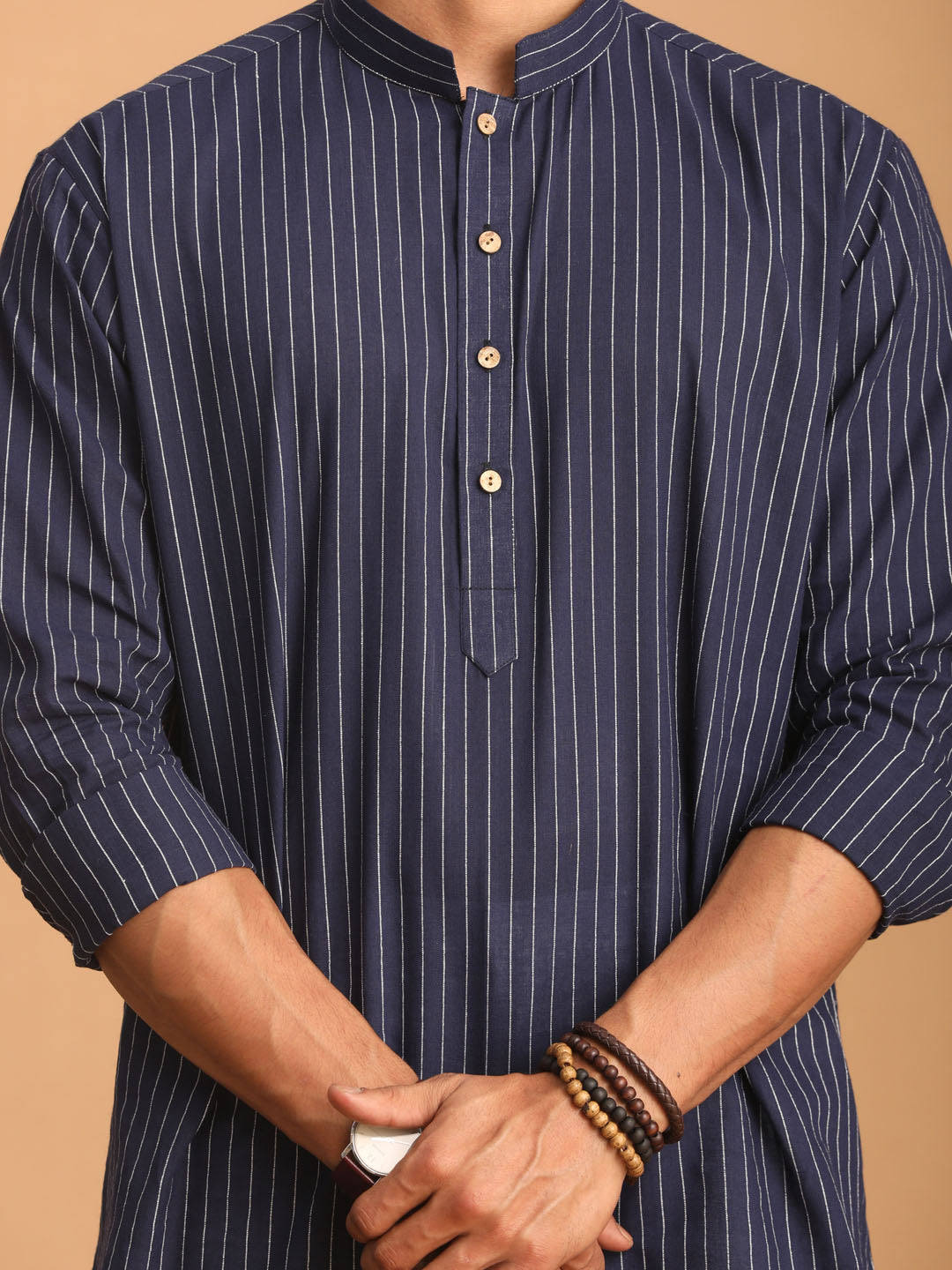 Men's Navy Blue Striped Cotton Short Kurta With White Pant Set