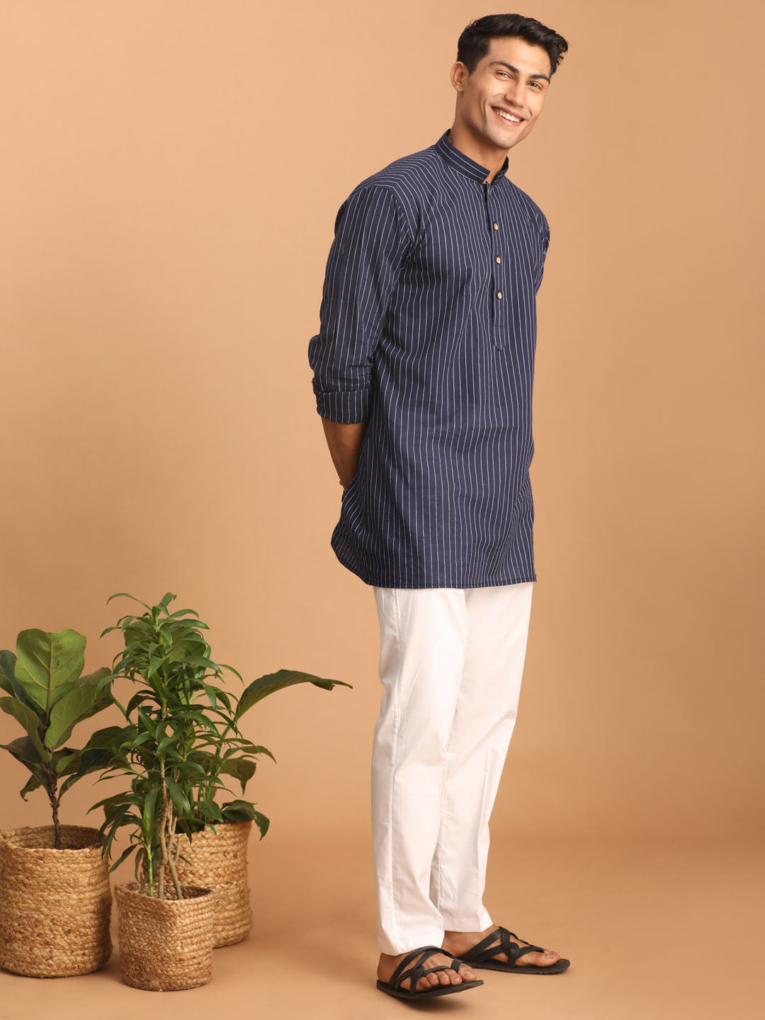 Men's Navy Blue Striped Cotton Short Kurta With White Pant Set