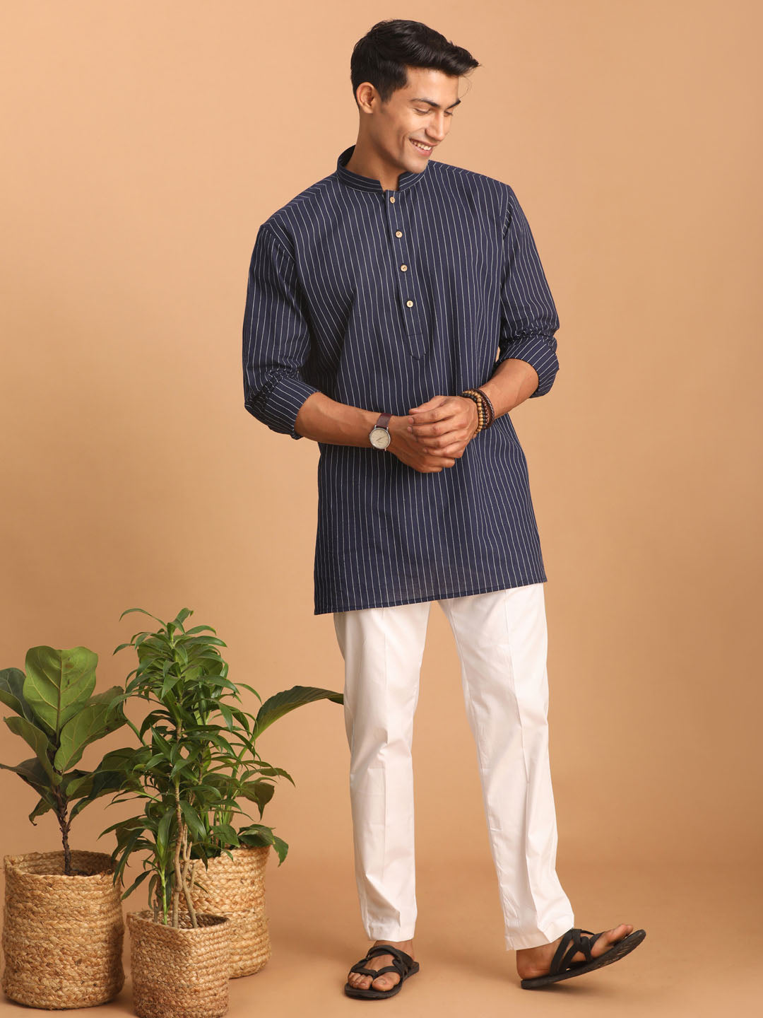 Men's Navy Blue Striped Cotton Short Kurta With White Pant Set