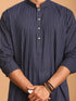 Men's Navy Blue Striped Cotton Short Kurta With White Pant Set