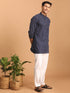 Men's Navy Blue Striped Cotton Short Kurta With White Pant Set