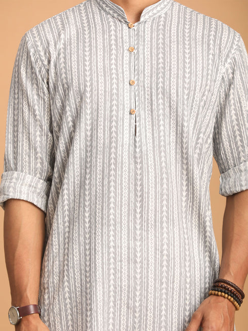 Men's Grey And White Batik Printed Kurta