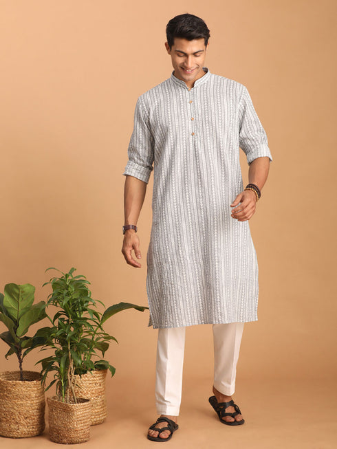 Men's Grey And White Batik Printed Kurta