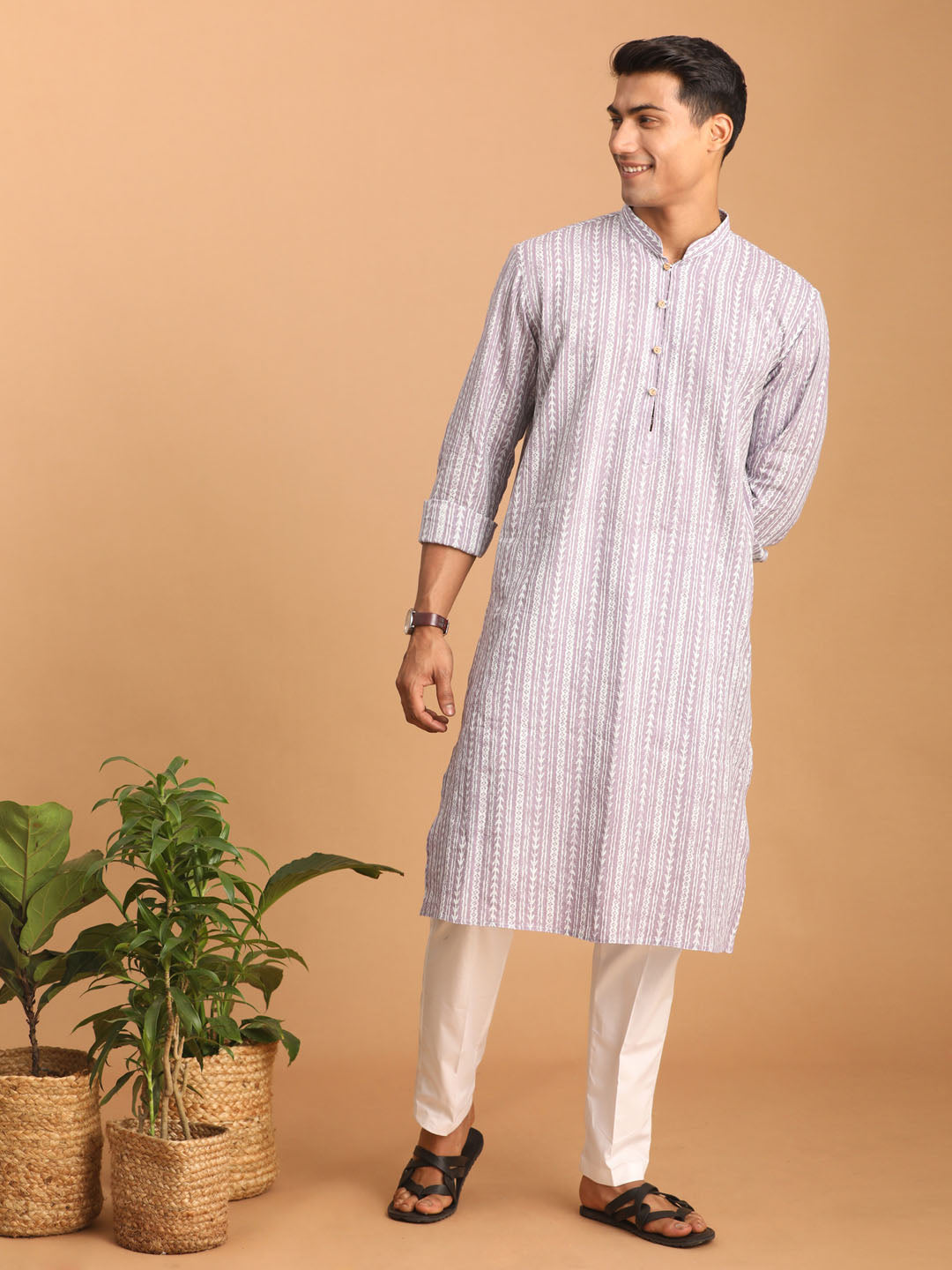Men's Purple And White Batik Printed Kurta With White Pant Set