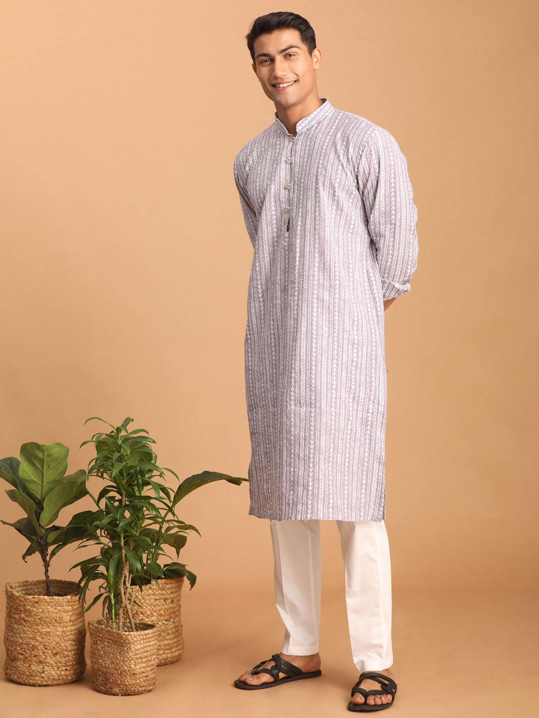 Men's Purple And White Batik Printed Kurta With White Pant Set