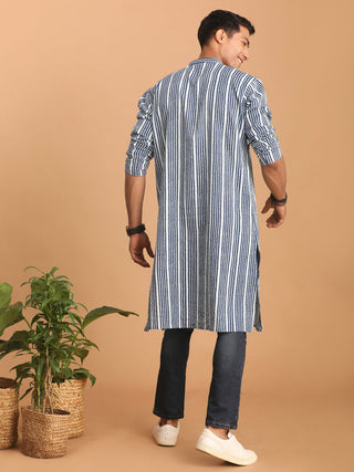 SHVAAS By VASTRAMAY Men's White And Blue Striped cotton Kurta