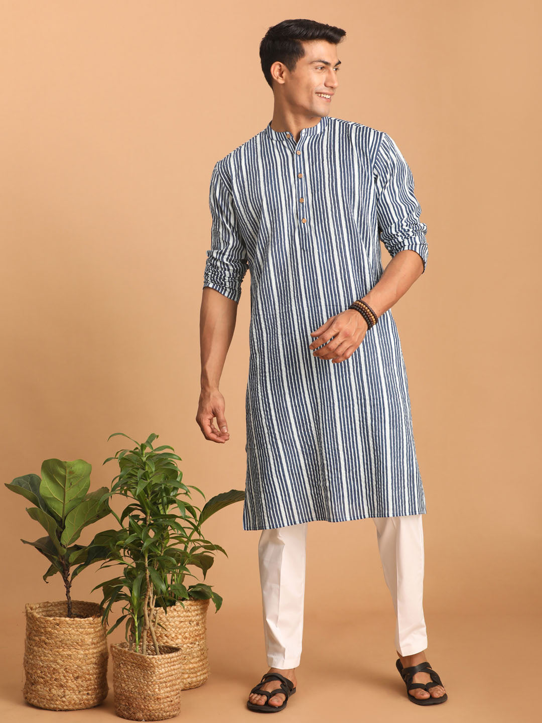 Men's Indigo Blue & White Cotton Kurta & Pyjama Set