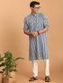 Men's White And Blue Striped Cotton Kurta With White Pant Set