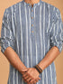 Men's White And Blue Striped Cotton Kurta With White Pant Set