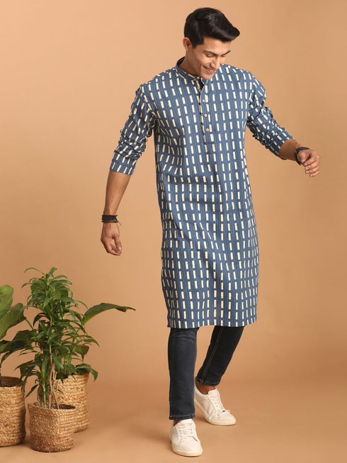 Men's Blue Rubber Print Cotton Kurta