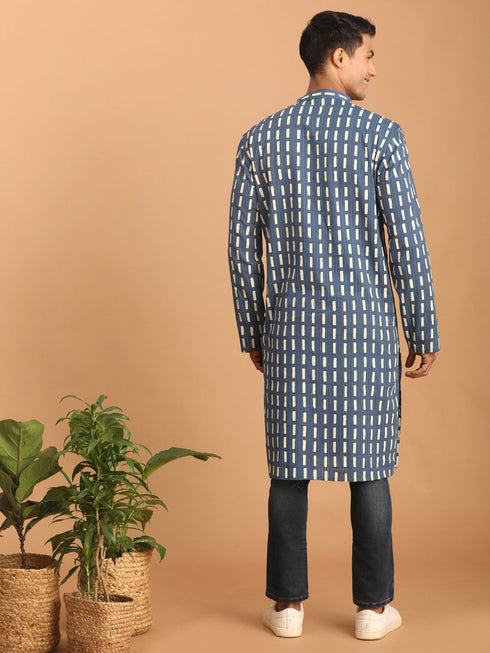 Men's Blue Rubber Print Cotton Kurta
