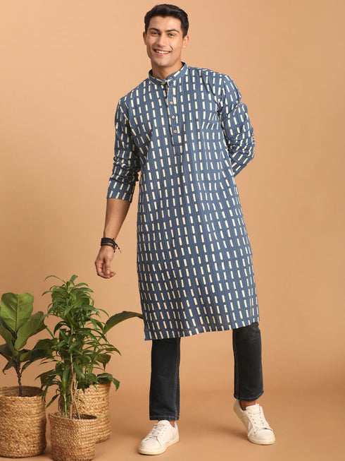 Men's Blue Rubber Print Cotton Kurta